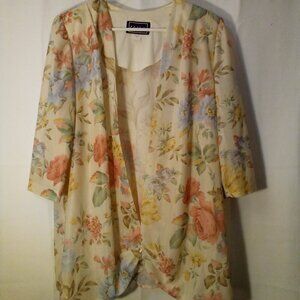 LL Martin Open Front Blouse 16W Simi Sheer Half Sleeve Floral Cream Pink Green